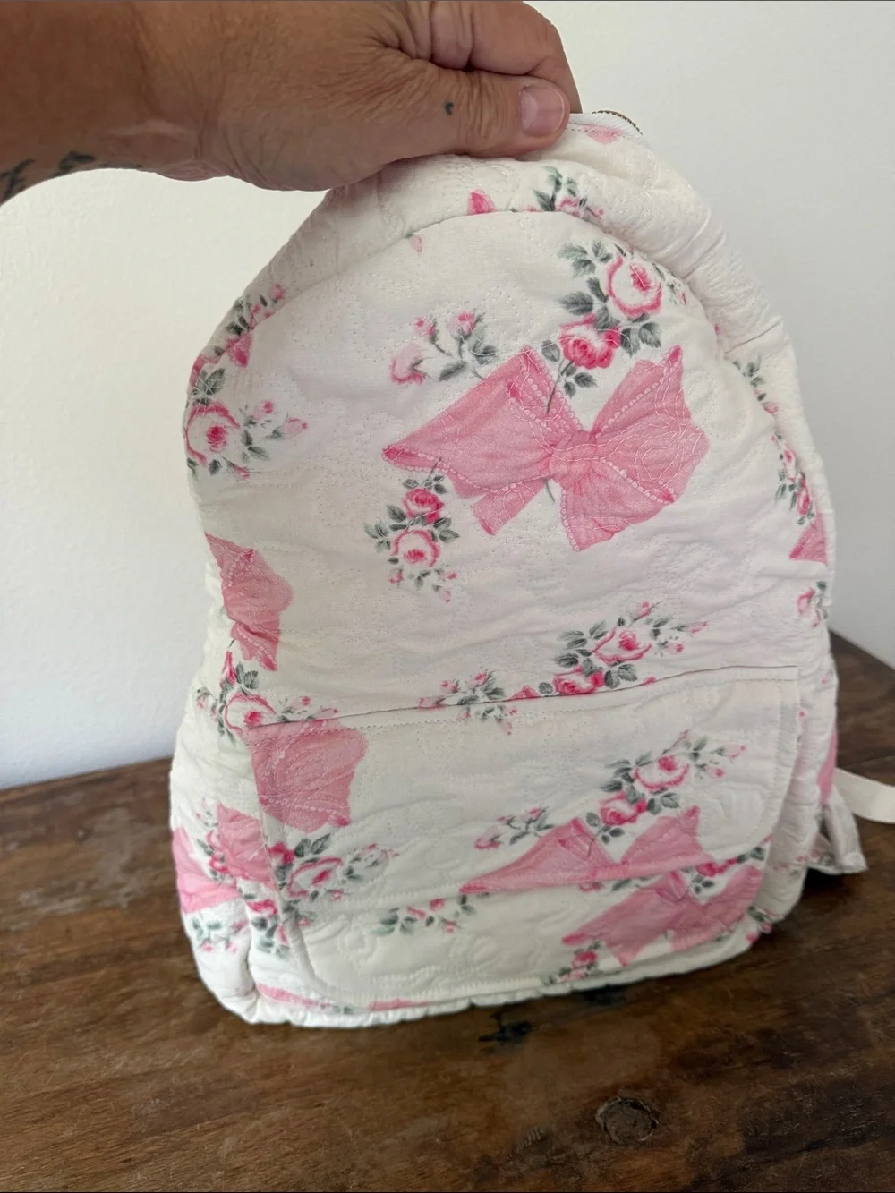 NWT LoveShackFancy Quilted Floral Cream and Pink Backpack with Bow Accent